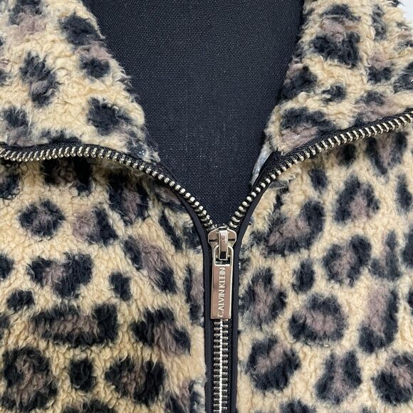 CALVIN KLEIN Sherpa Faux Fur‎ Vest Leopard Print Pockets Full Zip Women's Small - Picture 6 of 9